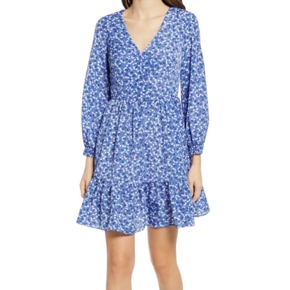 Eliza J Dress Floral Surplice neck long sleeve fit flare blue size 14